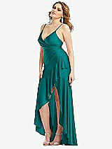 Side View Thumbnail - Peacock Teal Pleated Wrap Ruffled High Low Stretch Satin Gown with Slight Train