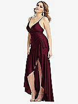 Side View Thumbnail - Cabernet Pleated Wrap Ruffled High Low Stretch Satin Gown with Slight Train