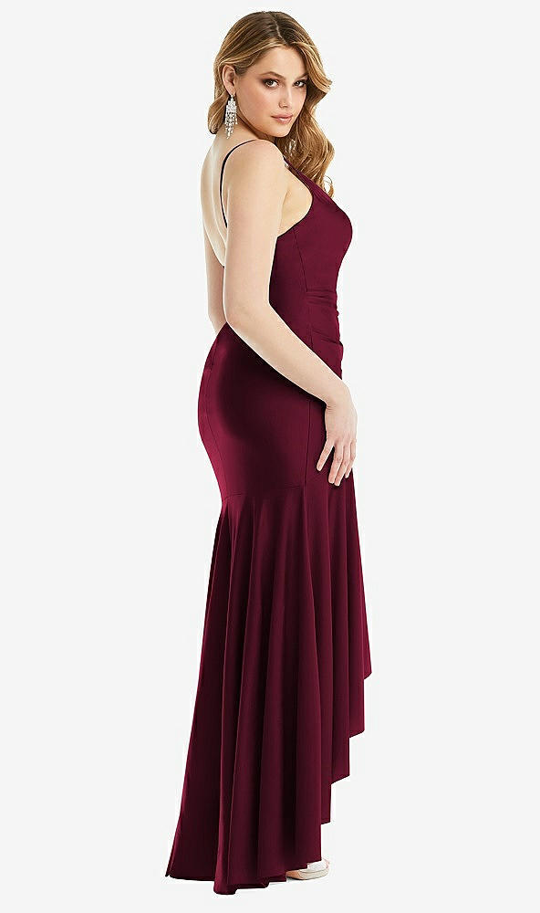 Back View - Cabernet Pleated Wrap Ruffled High Low Stretch Satin Gown with Slight Train