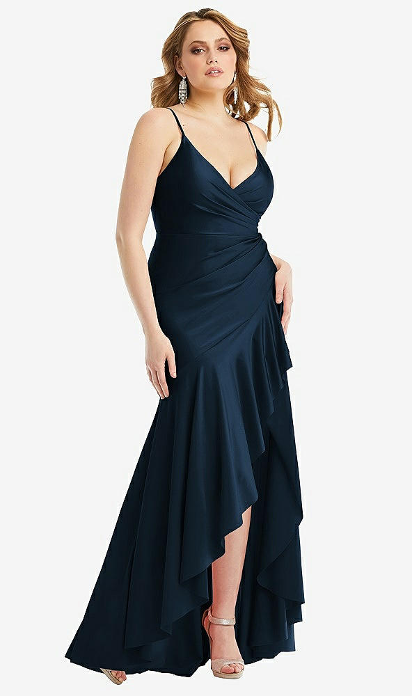 Front View - Midnight Navy Pleated Wrap Ruffled High Low Stretch Satin Gown with Slight Train