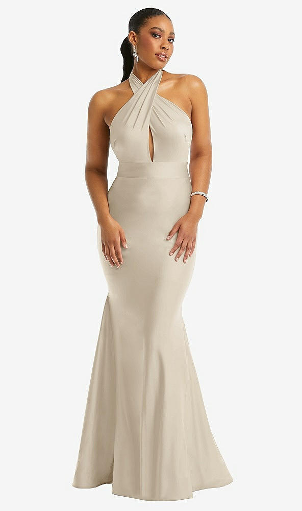 Front View - Champagne Criss Cross Halter Open-Back Stretch Satin Mermaid Dress