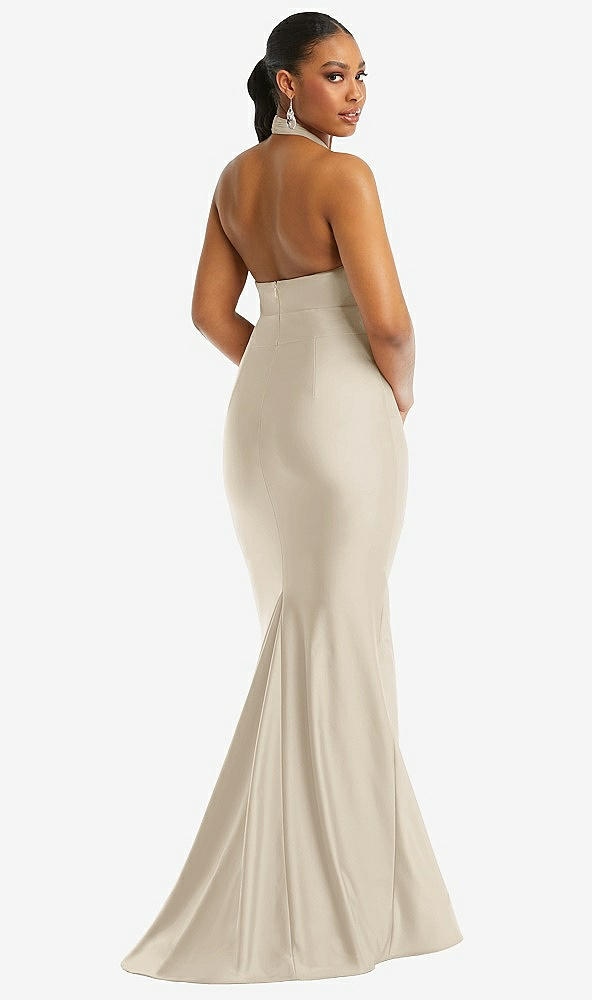 Back View - Champagne Criss Cross Halter Open-Back Stretch Satin Mermaid Dress