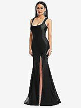 Front View Thumbnail - Black Square Neck Stretch Satin Mermaid Dress with Slight Train