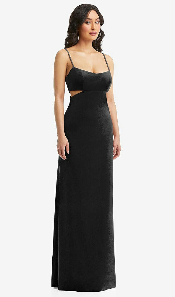 Front View - Black Spaghetti Strap Cutout Midriff Velvet Maxi Dress