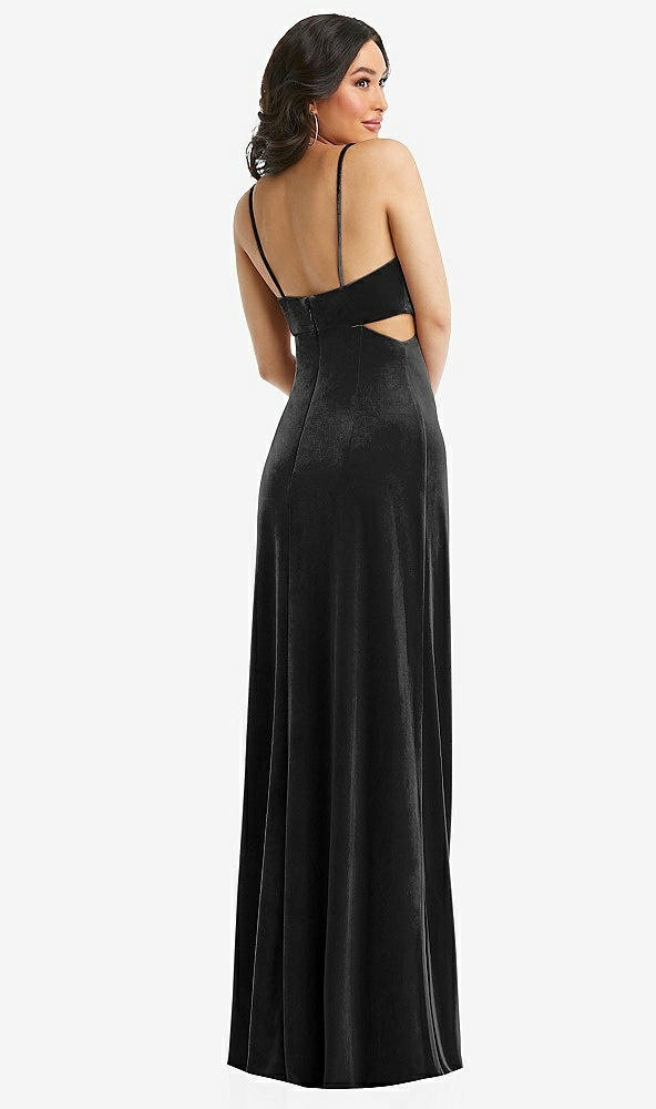 Back View - Black Spaghetti Strap Cutout Midriff Velvet Maxi Dress