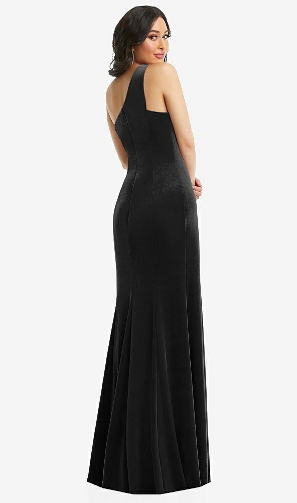 Back View - Black One-Shoulder Velvet Trumpet Gown with Front Slit