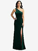 Front View Thumbnail - Evergreen One-Shoulder Velvet Trumpet Gown with Front Slit