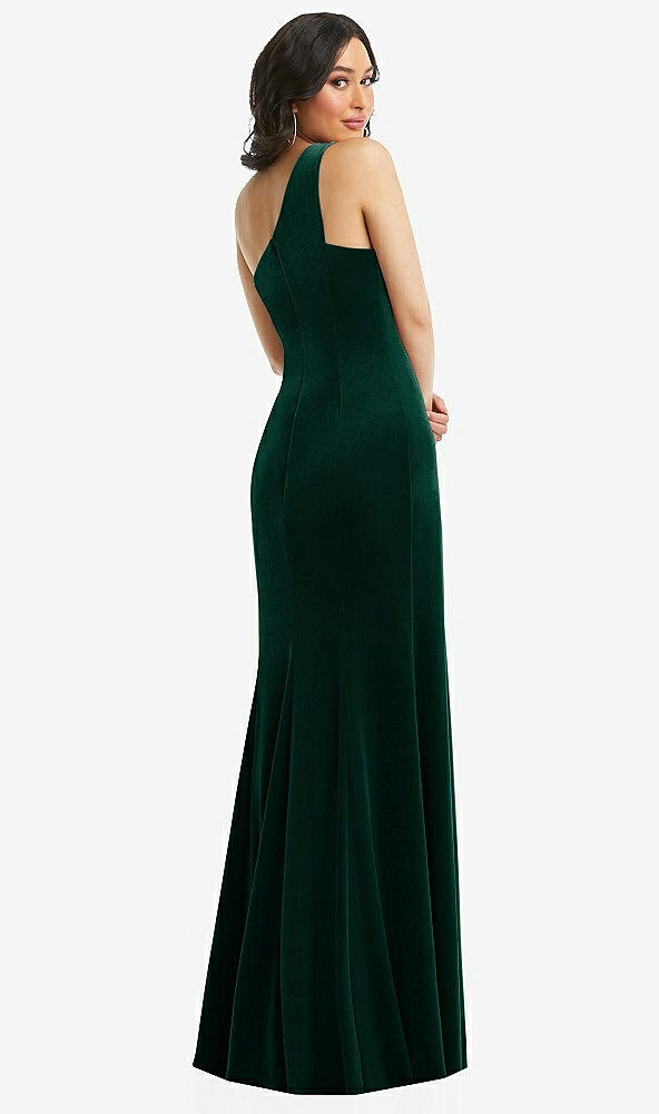 Back View - Evergreen One-Shoulder Velvet Trumpet Gown with Front Slit