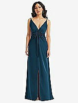 Front View Thumbnail - Atlantic Blue Skinny Strap Plunge Neckline Maxi Dress with Bow Detail