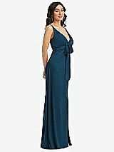 Side View Thumbnail - Atlantic Blue Skinny Strap Plunge Neckline Maxi Dress with Bow Detail