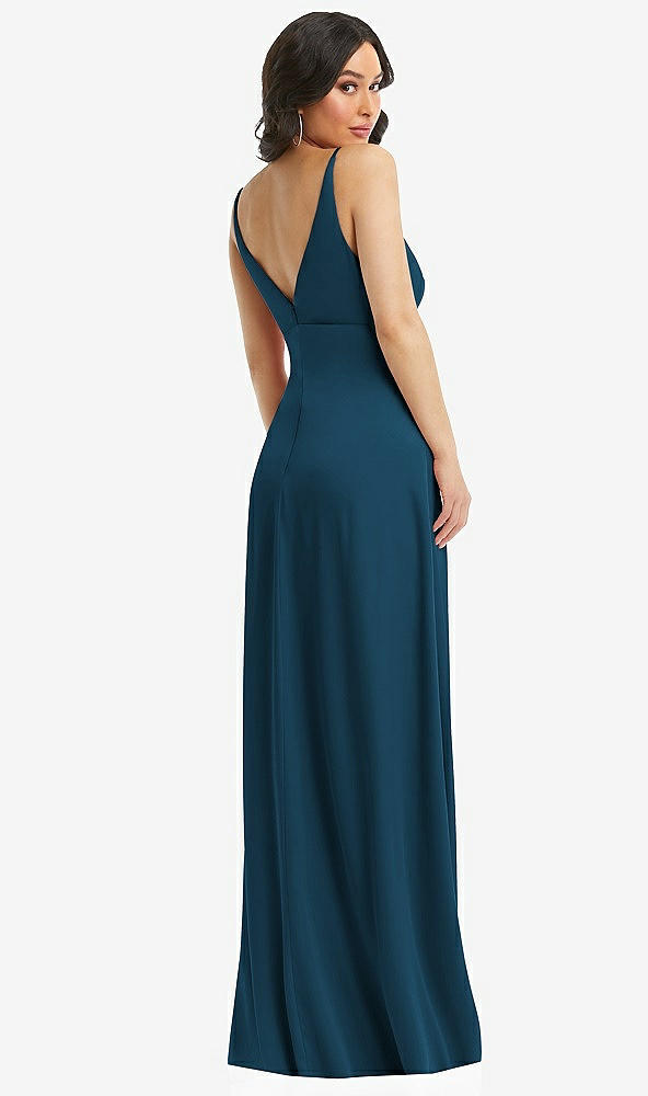 Back View - Atlantic Blue Skinny Strap Plunge Neckline Maxi Dress with Bow Detail