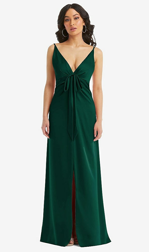 Front View - Hunter Green Skinny Strap Plunge Neckline Maxi Dress with Bow Detail