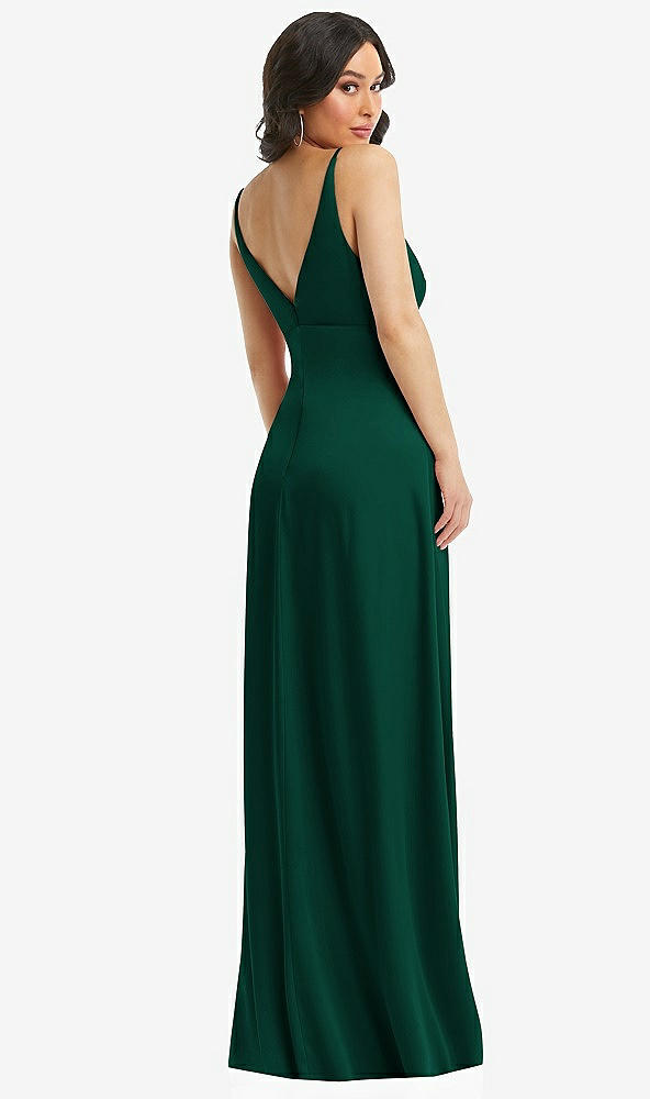Back View - Hunter Green Skinny Strap Plunge Neckline Maxi Dress with Bow Detail