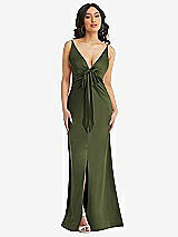 Alt View 1 Thumbnail - Olive Green Skinny Strap Plunge Neckline Maxi Dress with Bow Detail