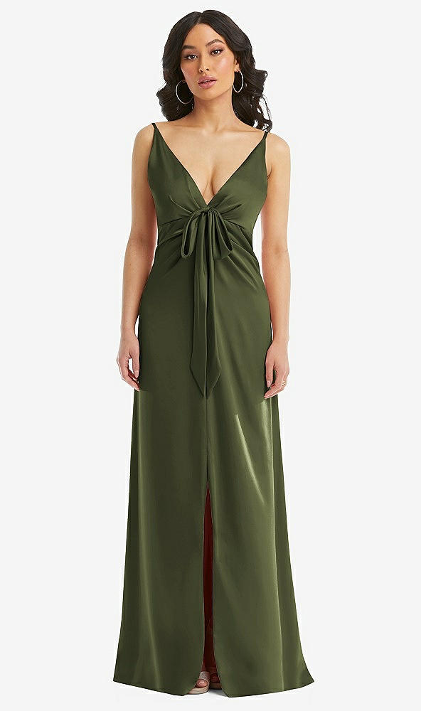 Front View - Olive Green Skinny Strap Plunge Neckline Maxi Dress with Bow Detail