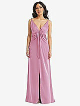 Front View Thumbnail - Powder Pink Skinny Strap Plunge Neckline Maxi Dress with Bow Detail