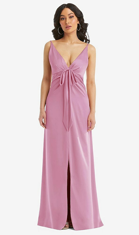 Front View - Powder Pink Skinny Strap Plunge Neckline Maxi Dress with Bow Detail
