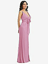 Side View Thumbnail - Powder Pink Skinny Strap Plunge Neckline Maxi Dress with Bow Detail