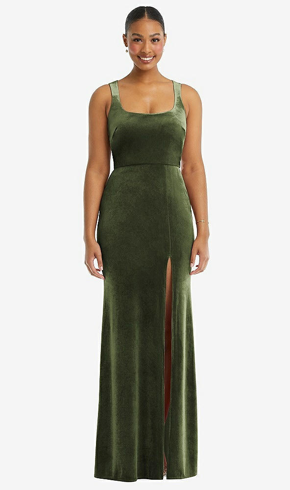 Front View - Olive Green Square Neck Closed Back Velvet Maxi Dress 