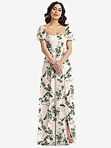 Front View Thumbnail - Palm Beach Print Puff Sleeve Chiffon Maxi Dress with Front Slit