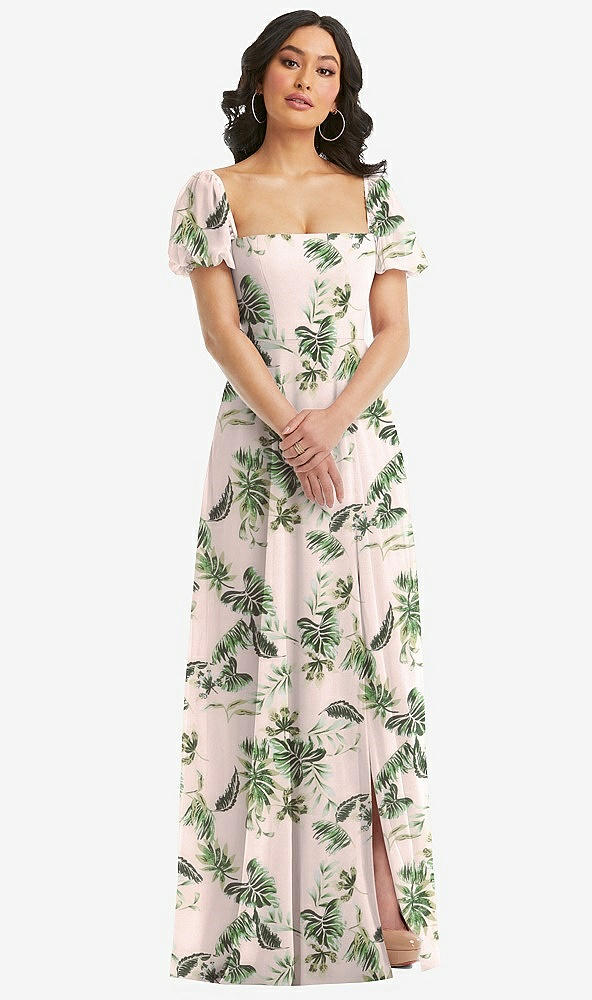 Front View - Palm Beach Print Puff Sleeve Chiffon Maxi Dress with Front Slit