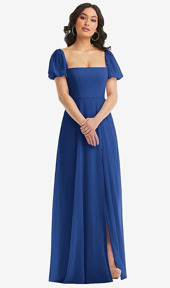 Front View - Classic Blue Puff Sleeve Chiffon Maxi Dress with Front Slit