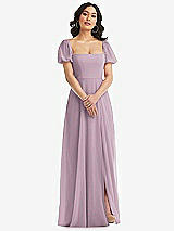 Front View Thumbnail - Suede Rose Puff Sleeve Chiffon Maxi Dress with Front Slit