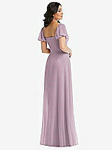 Rear View Thumbnail - Suede Rose Puff Sleeve Chiffon Maxi Dress with Front Slit