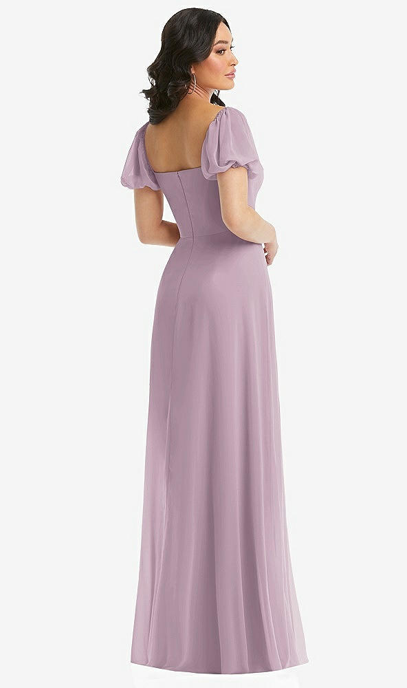 Back View - Suede Rose Puff Sleeve Chiffon Maxi Dress with Front Slit