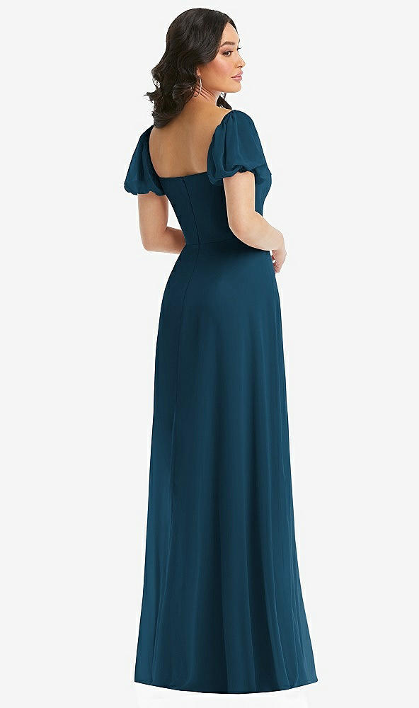 Back View - Atlantic Blue Puff Sleeve Chiffon Maxi Dress with Front Slit