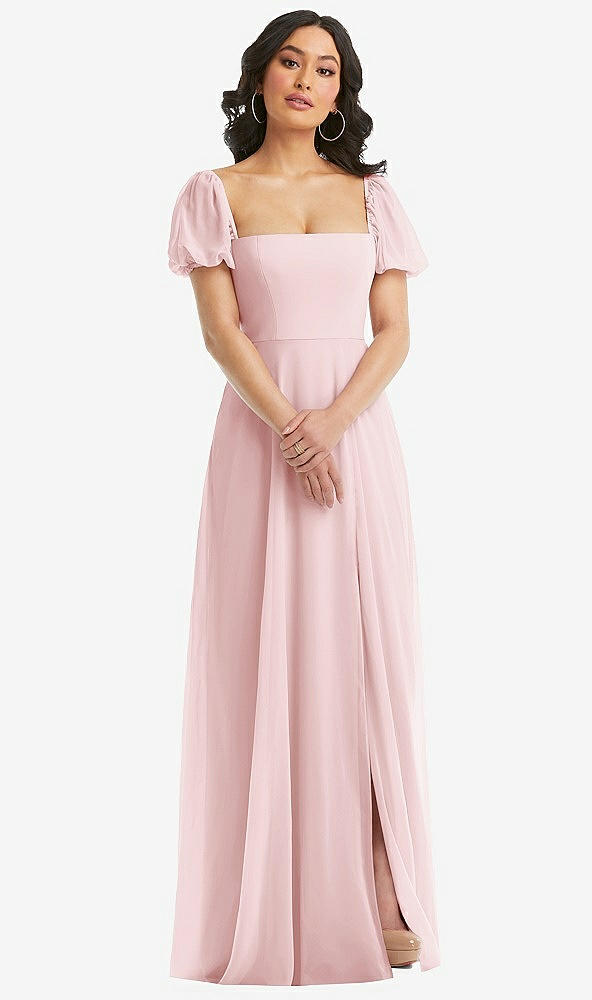 Front View - Ballet Pink Puff Sleeve Chiffon Maxi Dress with Front Slit