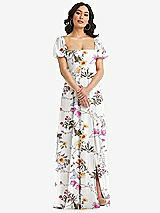 Front View Thumbnail - Butterfly Botanica Ivory Puff Sleeve Chiffon Maxi Dress with Front Slit