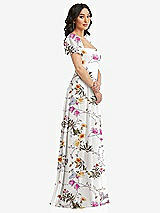 Side View Thumbnail - Butterfly Botanica Ivory Puff Sleeve Chiffon Maxi Dress with Front Slit