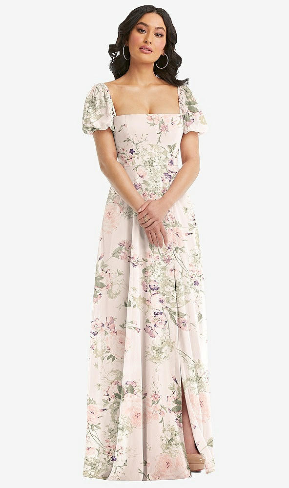 Front View - Blush Garden Puff Sleeve Chiffon Maxi Dress with Front Slit