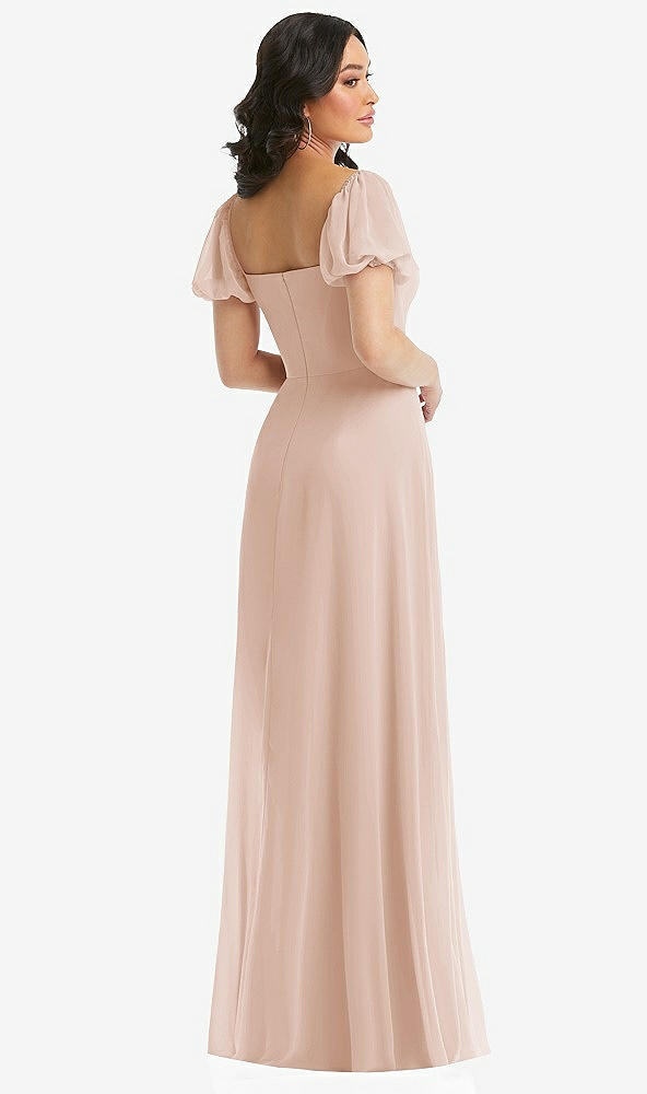 Back View - Cameo Puff Sleeve Chiffon Maxi Dress with Front Slit
