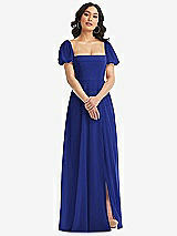 Front View Thumbnail - Cobalt Blue Puff Sleeve Chiffon Maxi Dress with Front Slit