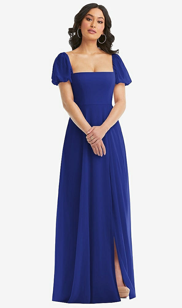 Front View - Cobalt Blue Puff Sleeve Chiffon Maxi Dress with Front Slit