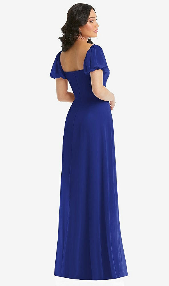 Back View - Cobalt Blue Puff Sleeve Chiffon Maxi Dress with Front Slit