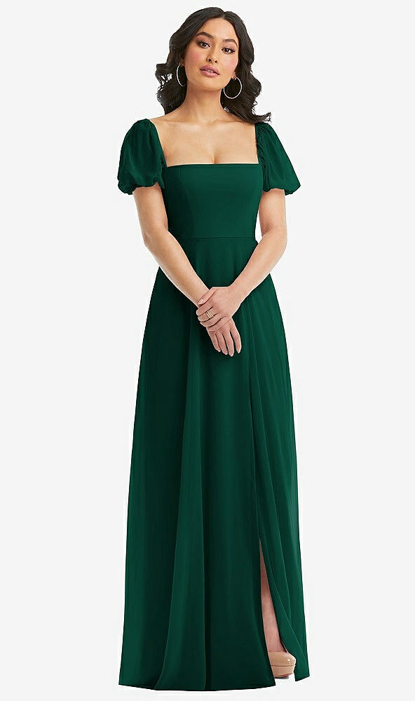 Front View - Hunter Green Puff Sleeve Chiffon Maxi Dress with Front Slit
