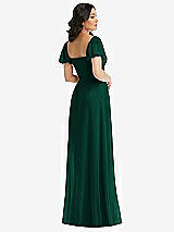 Rear View Thumbnail - Hunter Green Puff Sleeve Chiffon Maxi Dress with Front Slit