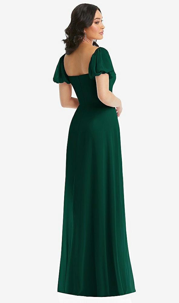 Back View - Hunter Green Puff Sleeve Chiffon Maxi Dress with Front Slit