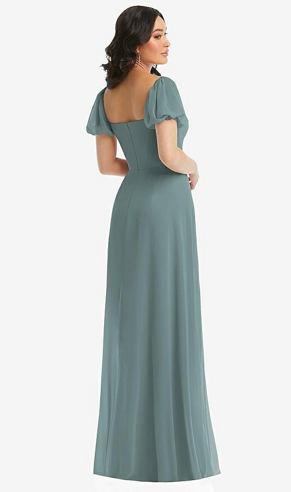 Back View - Icelandic Puff Sleeve Chiffon Maxi Dress with Front Slit