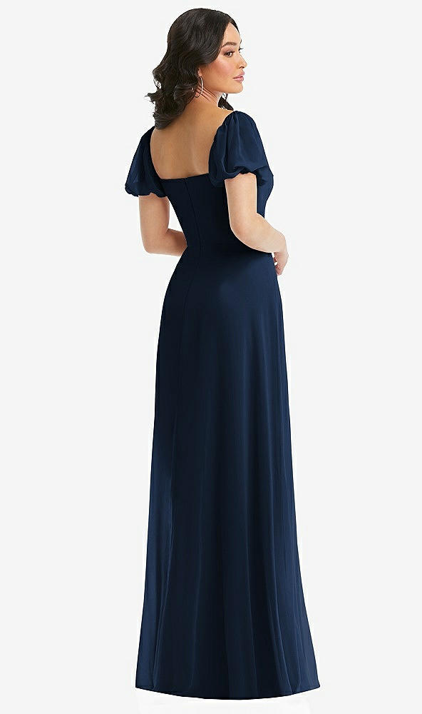 Back View - Midnight Navy Puff Sleeve Chiffon Maxi Dress with Front Slit