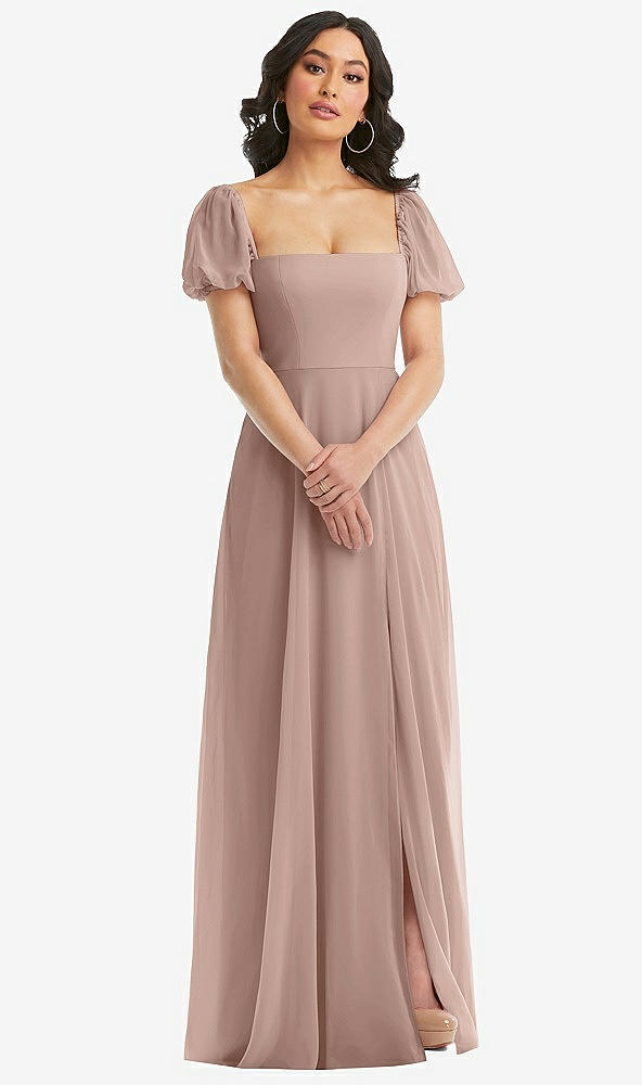 Front View - Neu Nude Puff Sleeve Chiffon Maxi Dress with Front Slit