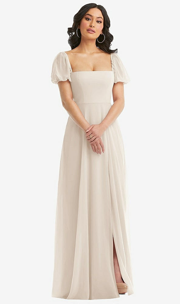 Front View - Oat Puff Sleeve Chiffon Maxi Dress with Front Slit