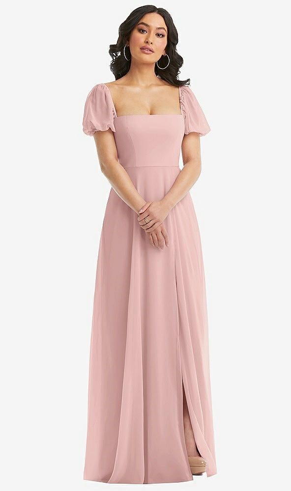 Front View - Rose - PANTONE Rose Quartz Puff Sleeve Chiffon Maxi Dress with Front Slit