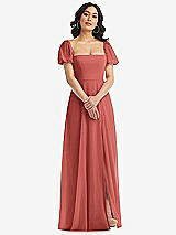 Front View Thumbnail - Coral Pink Puff Sleeve Chiffon Maxi Dress with Front Slit