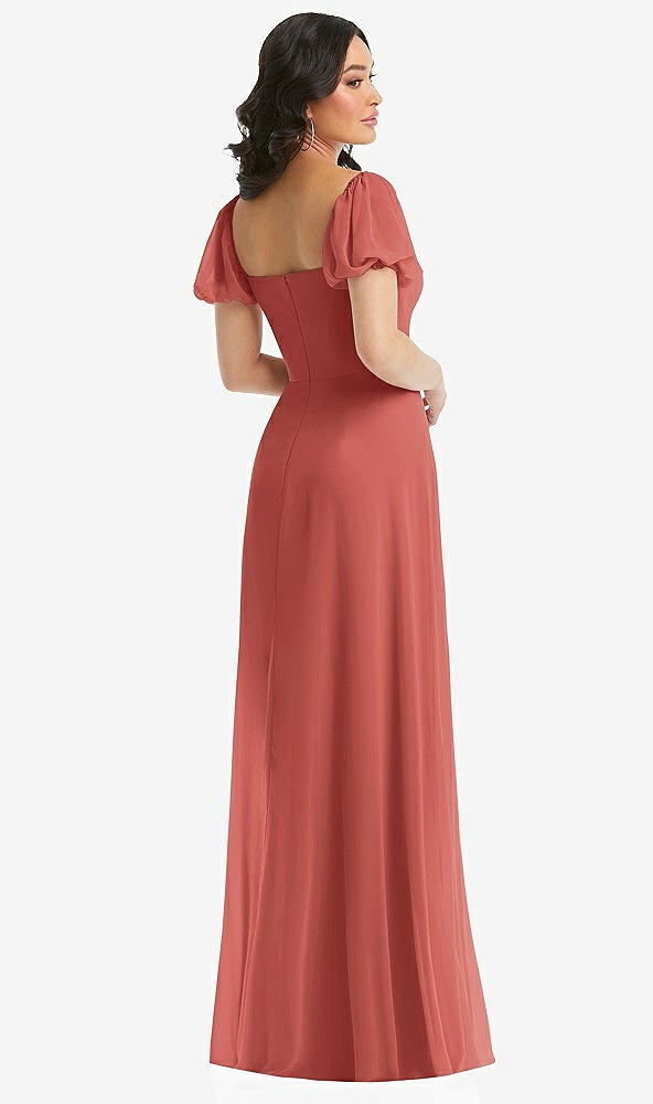Back View - Coral Pink Puff Sleeve Chiffon Maxi Dress with Front Slit