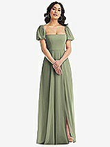 Front View Thumbnail - Sage Puff Sleeve Chiffon Maxi Dress with Front Slit