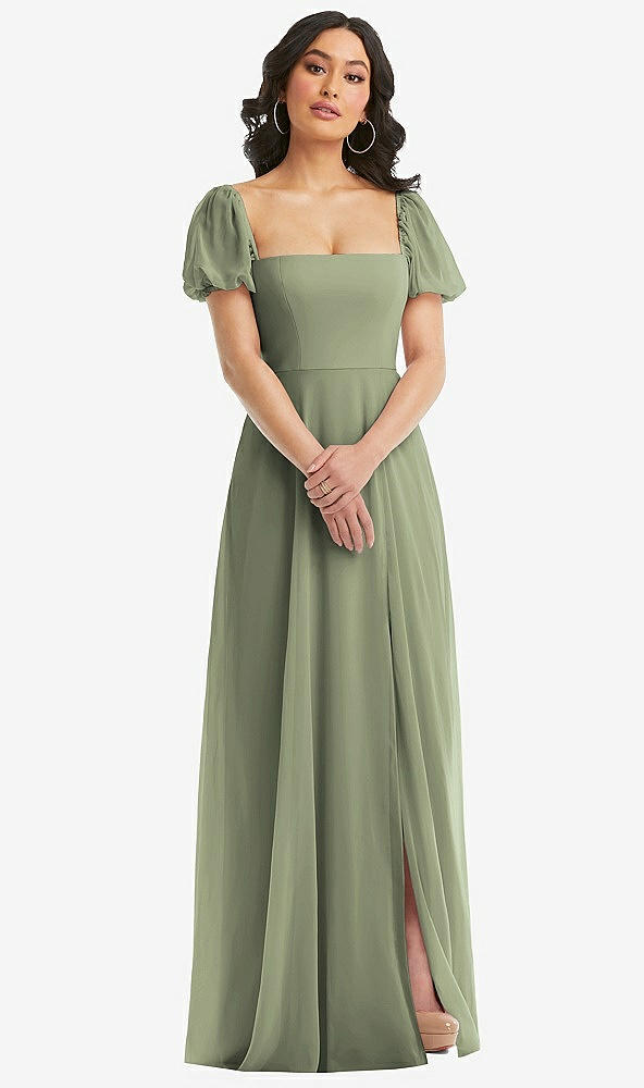 Front View - Sage Puff Sleeve Chiffon Maxi Dress with Front Slit